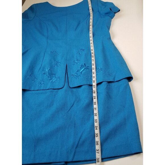Virgo Vintage Womens Dress L Blue Embroidered Knee Length Slimming Short Sleeve - Picture 14 of 15